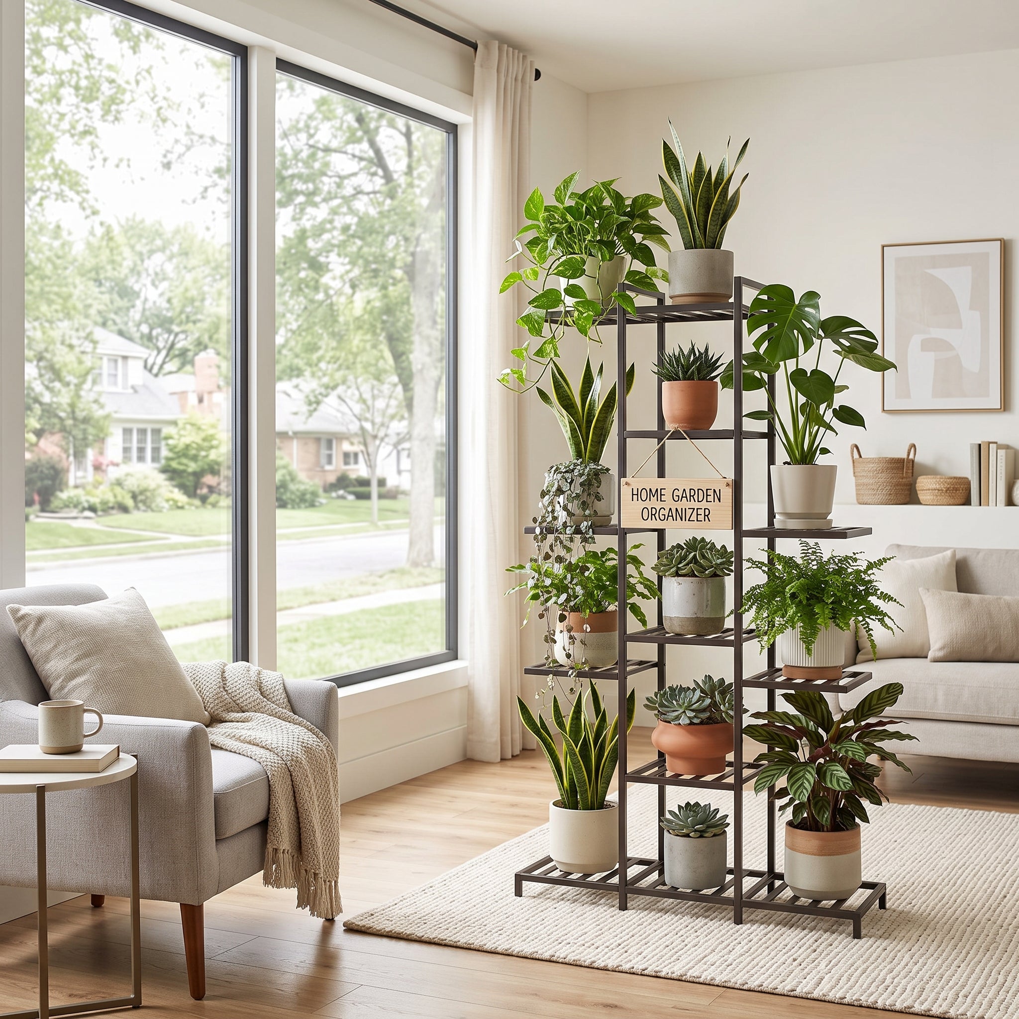 Staggered Wood & Metal Multi-Tier Freestanding Indoor Plant Display Rack
